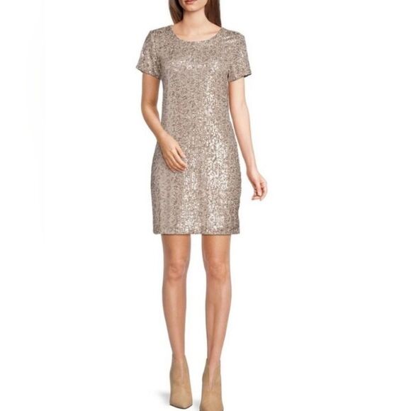 JUDE CONNALLY Ella Leopard Sequin Print Pullover Mini Dress - Size Medium - Picture 1 of 8